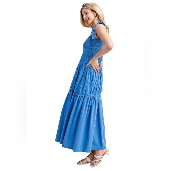Blue Smocked Maxi Dress with Shoulder Tie - Picture 4 of 6